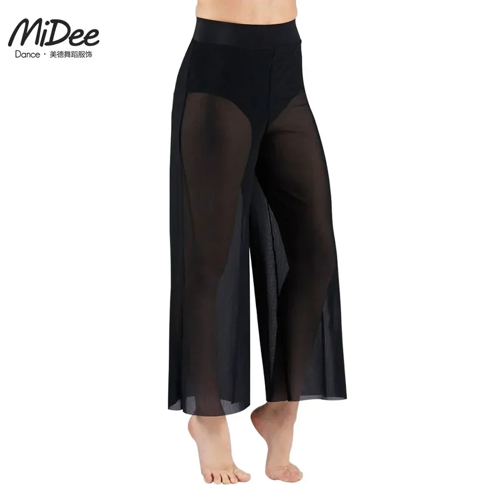 Women’s Lyrical Mesh Wide Leg Dance Pants – High Waist Modern Ballet Palazzo Trousers Contemporary Dance Costume Plus Size