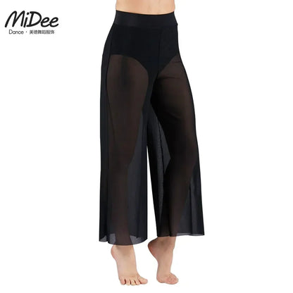 Women’s Lyrical Mesh Wide Leg Dance Pants – High Waist Modern Ballet Palazzo Trousers Contemporary Dance Costume Plus Size