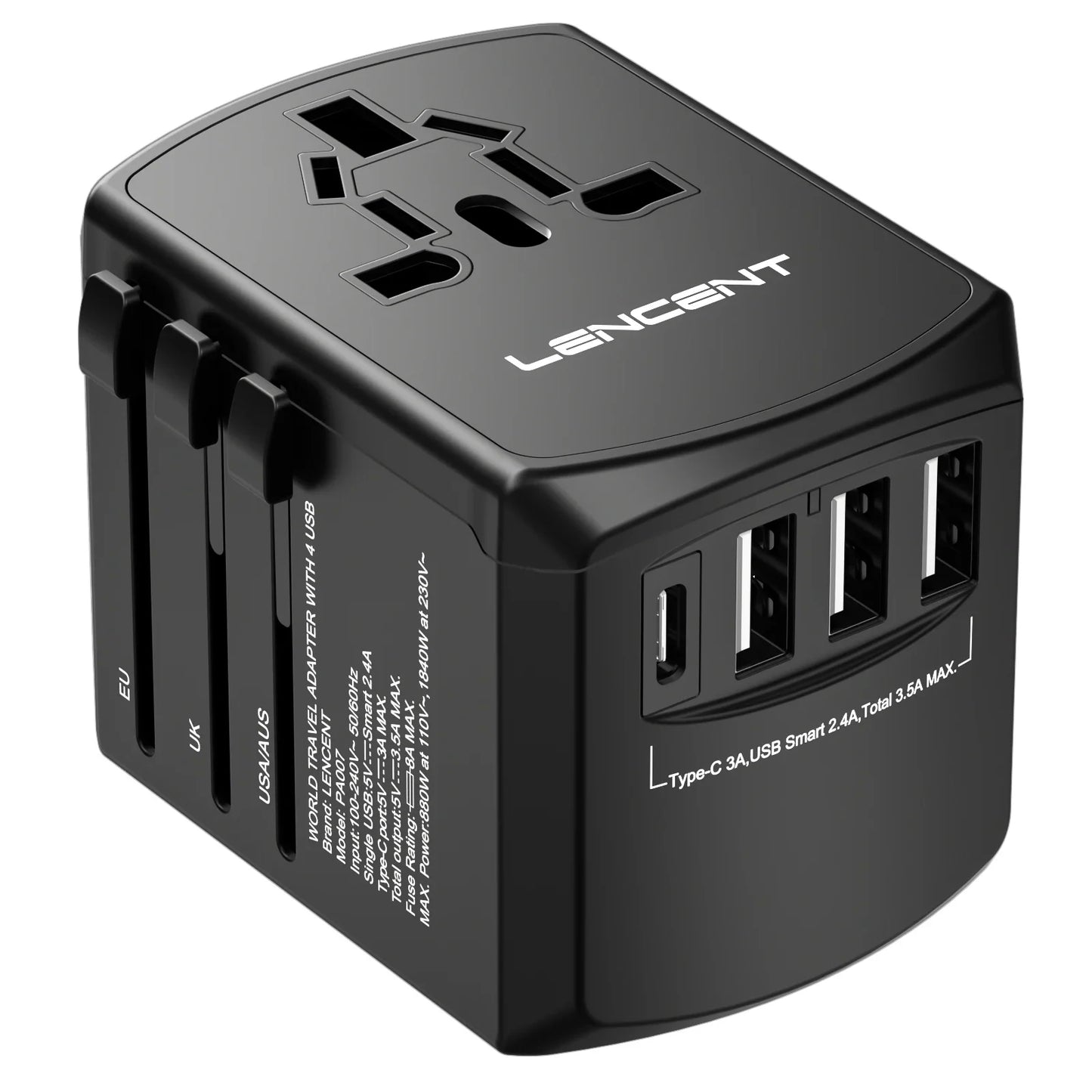 LENCENT International Travel Adapter - All-in-One Wall Charger with 3 USB Ports and 1 Type-C, for US, EU, UK, AUS Travel
