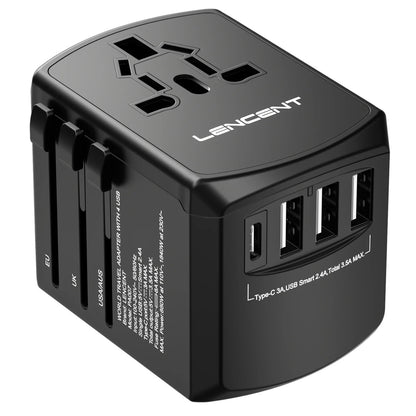 LENCENT International Travel Adapter - All-in-One Wall Charger with 3 USB Ports and 1 Type-C, for US, EU, UK, AUS Travel