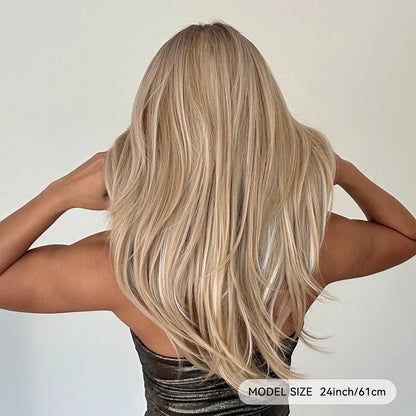Long Straight Layered Blonde Wig with Platinum Highlights — Synthetic Hair with Bangs, Heat-Resistant for Women Daily & Cosplay