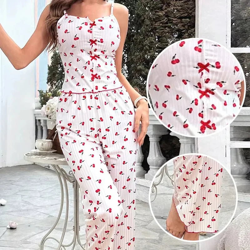 2-Piece Women’s Sexy Mesh Lace Pajama Set – Transparent Ribbed Strap Top & Pants Lounge Sleepwear
