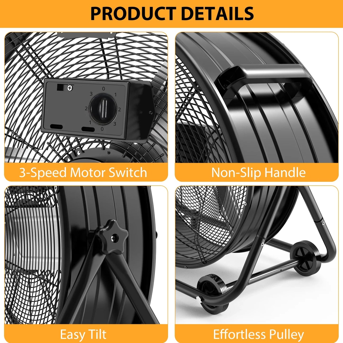 24-Inch Industrial Drum Fan High Velocity Floor Fan – 3 Speed Heavy Duty Metal Air Circulator with 360° Adjustable Tilt for Warehouse & Commercial Use