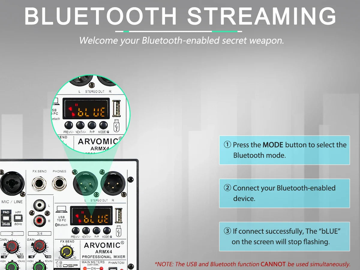 ARVOMIC 4-Channel DJ Audio Mixer – USB Interface, Bluetooth, 16 DSP Effects & 3-Band EQ (ARMX-4)