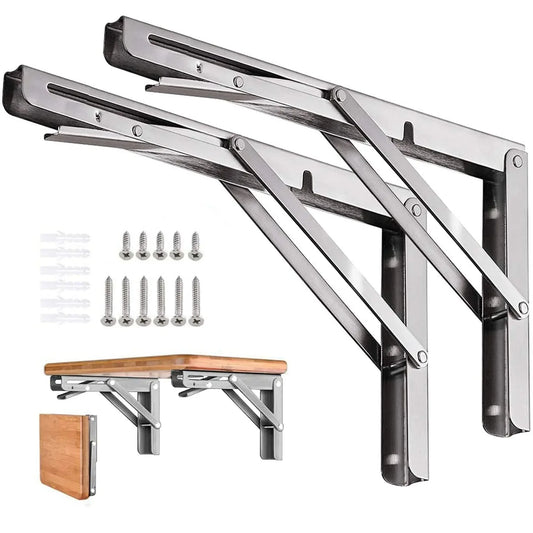 2PC Heavy-Duty Folding Shelf Brackets – Stainless Steel Wall-Mounted Collapsible Supports for Garage & Workstation
