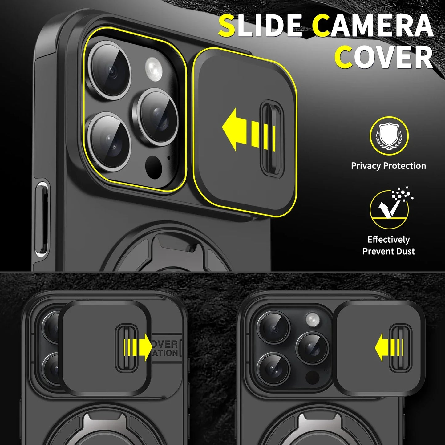 Heavy Duty Rugged Magnetic Ring Stand Case for iPhone 11–16 Pro Max Plus with Slide Camera Protection & MagSafe Compatible Cover