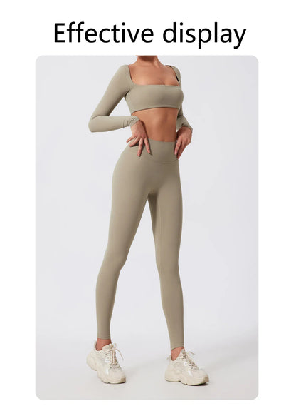 Hearuisavy 2PCS Long Sleeve Gym Set for Women, Quick-Drying Yoga Clothes, Sportswear, Running Leggings, Workout Sports Crop Top