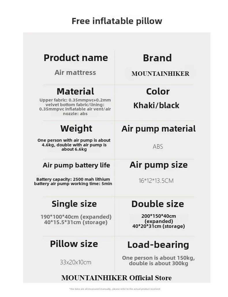 MOUNTAINHIKER 2025 Inflatable Air Mattress - PVC Glamping Camping / interior Bed Mat with Built-In Pump for 1-3 Person