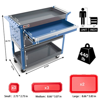 AIRAJ 3-Tier Rolling Tool Cart – 440LBS Capacity Mechanic Storage Cart on Wheels for Garage & Warehouse, Blue