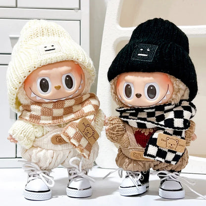 17cm Labubu V1/V2 Doll Outfit – Color Match Hoodie & Plaid Overalls Set | Fashion Doll Clothes & Accessories