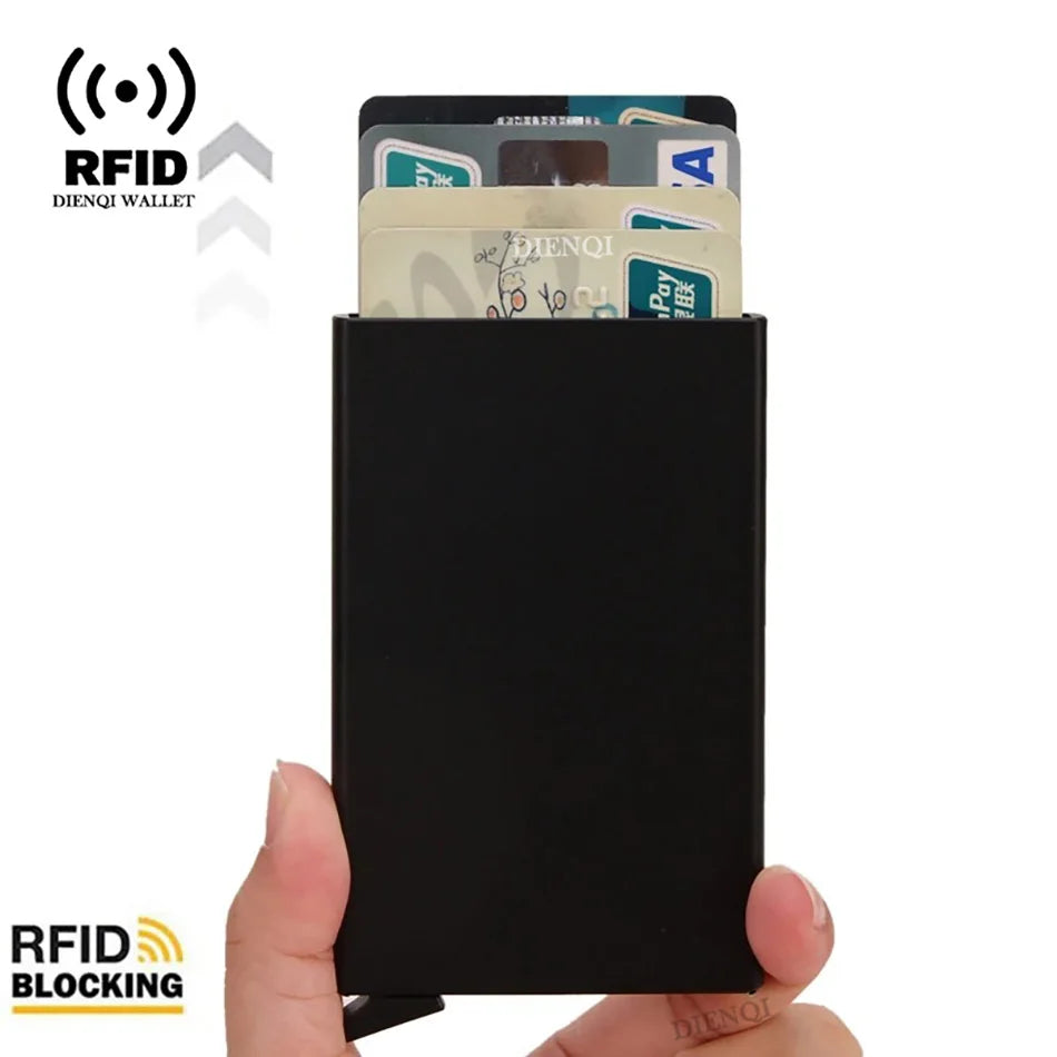 RFID Credit Card Holder Metal Slim Wallet for Men & Women, Pop-Up Minimalist Small Black Purse, Mini Wallet