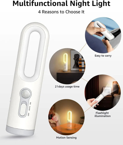 2-in-1 LED Motion Sensor Night Light & Portable Flashlight with Dusk to Dawn Sensor for Bedroom, Bathroom, Camping & Reading
