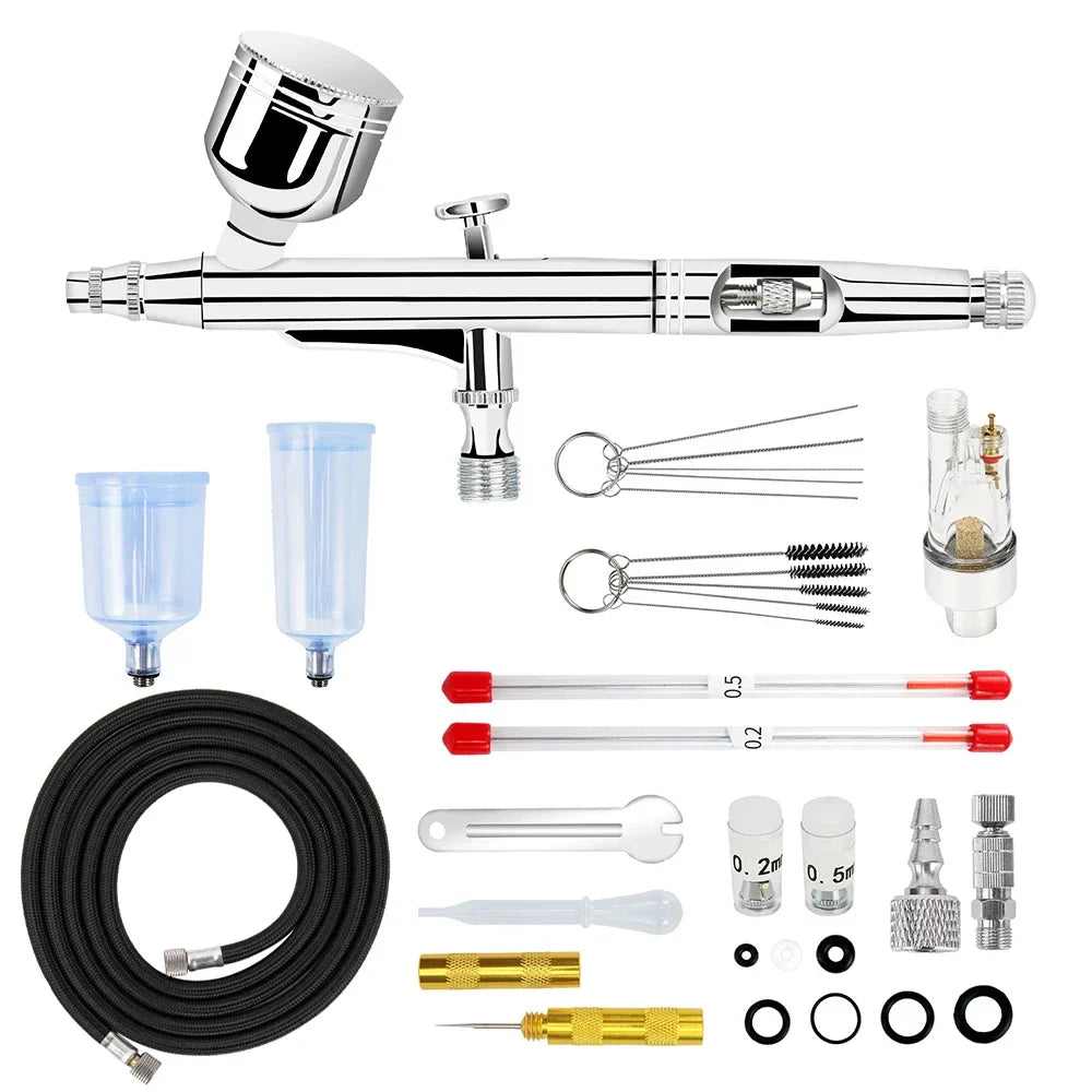 Dual-Action Gravity Airbrush Kit with 0.2/0.3/0.5mm Needles, 7/20/40cc Cups & Cleaning Tools for Makeup, Nail Art, Painting & Car Detailing