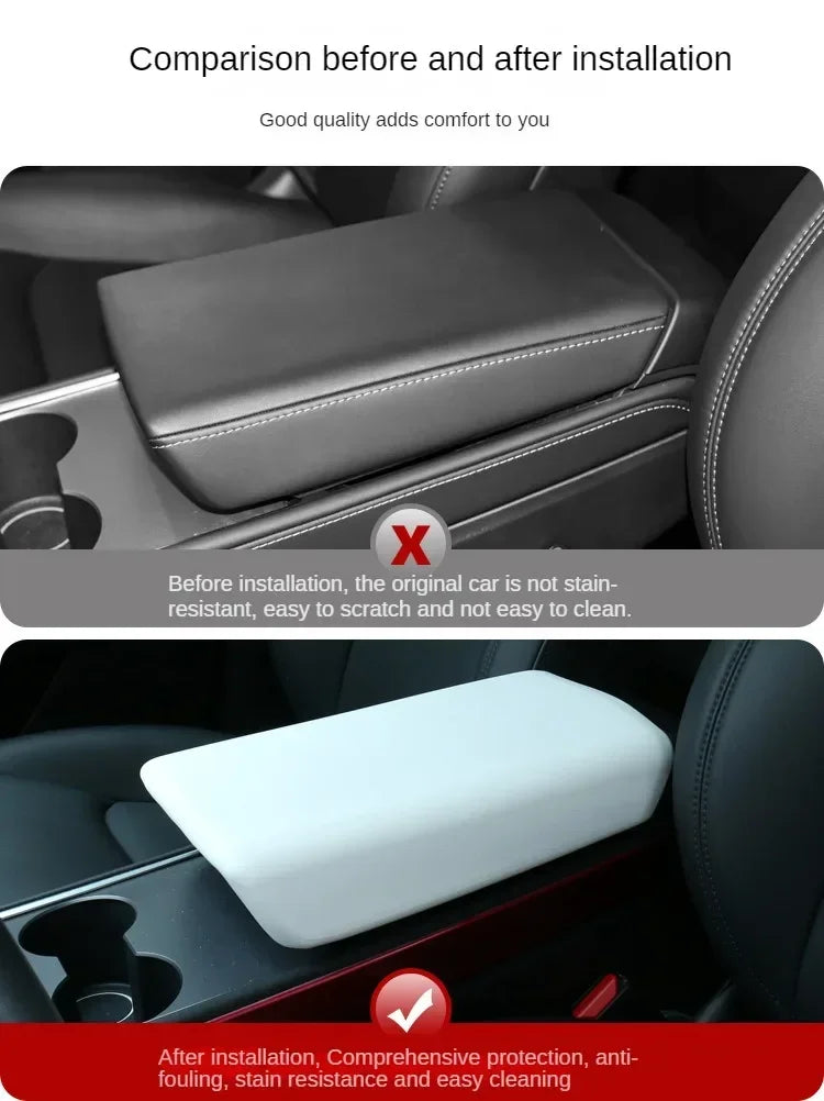 Tesla Model 3/Y 2023-2024 Armrest Protector Box Cover – Soft White TPE Center Console Pad for Model 3 Highland