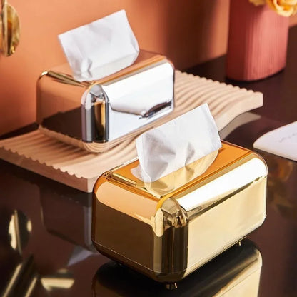 Luxury Golden Tissue Box – Desktop Napkin Holder & Paper Organizer for Home, Kitchen & Office