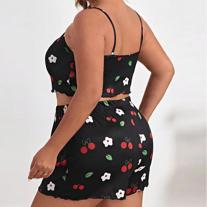 Plus Size Women’s Pajama Set — Sleeveless Heart Print Top & Elastic Waist Shorts, XL–XXXL Sleepwear Nightwear
