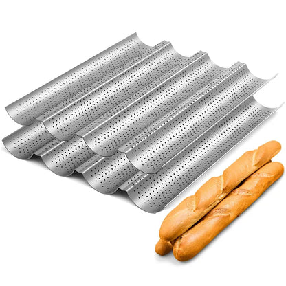 LMETJMA Nonstick Perforated French Bread Baking Pan - Carbon Steel Baguette Pan for 4 Wave Loaves, Loaf Bake Mold JT158