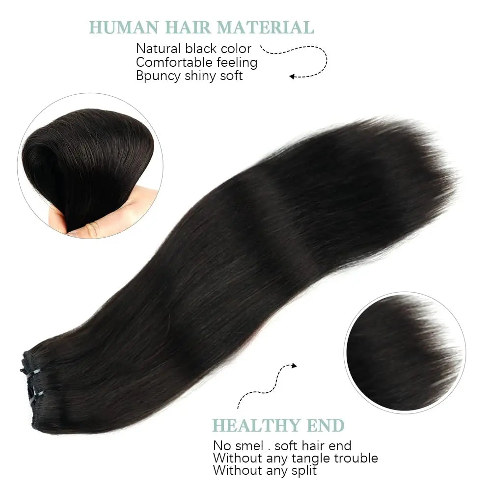 Straight Clip-In Hair Extensions – 8 Piece Full Head Set, 120g Brazilian Remy 100% Human Hair, Natural Black