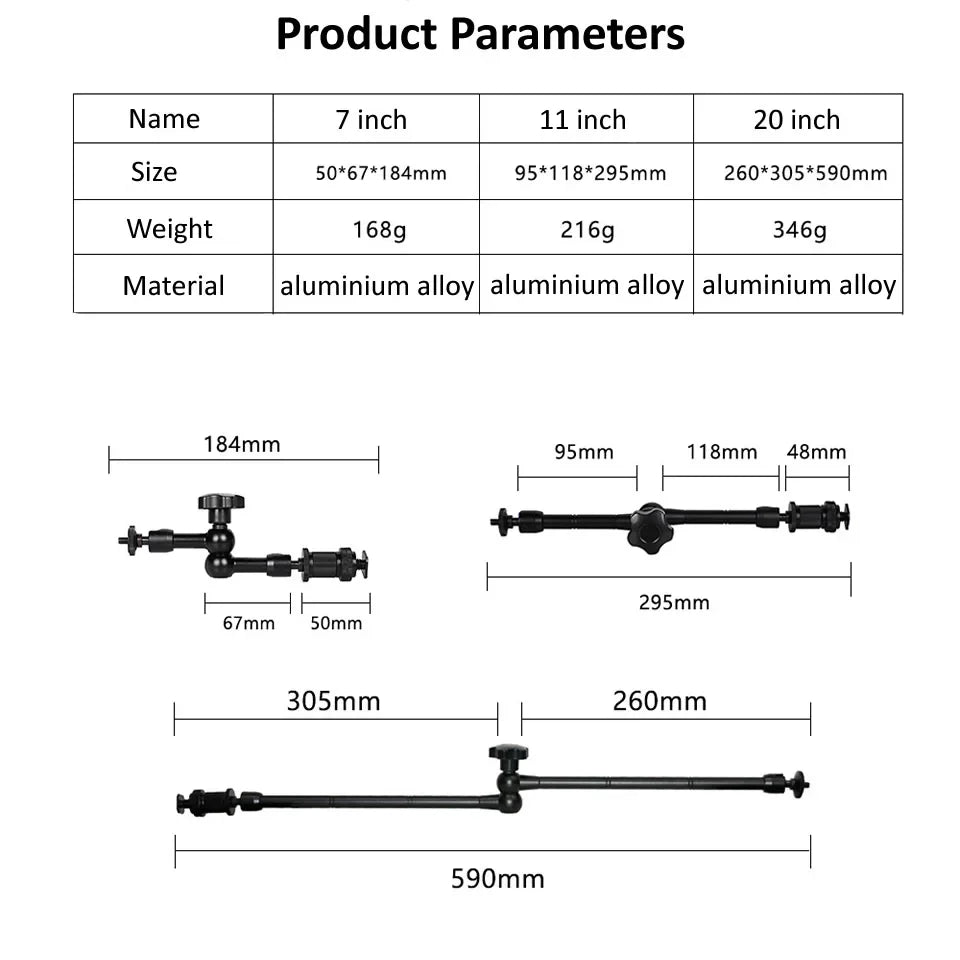 7/11/20 Inch Metal Articulating Magic Arm – Super Clamp Stand for DSLR Camera & Photo Studio Accessories