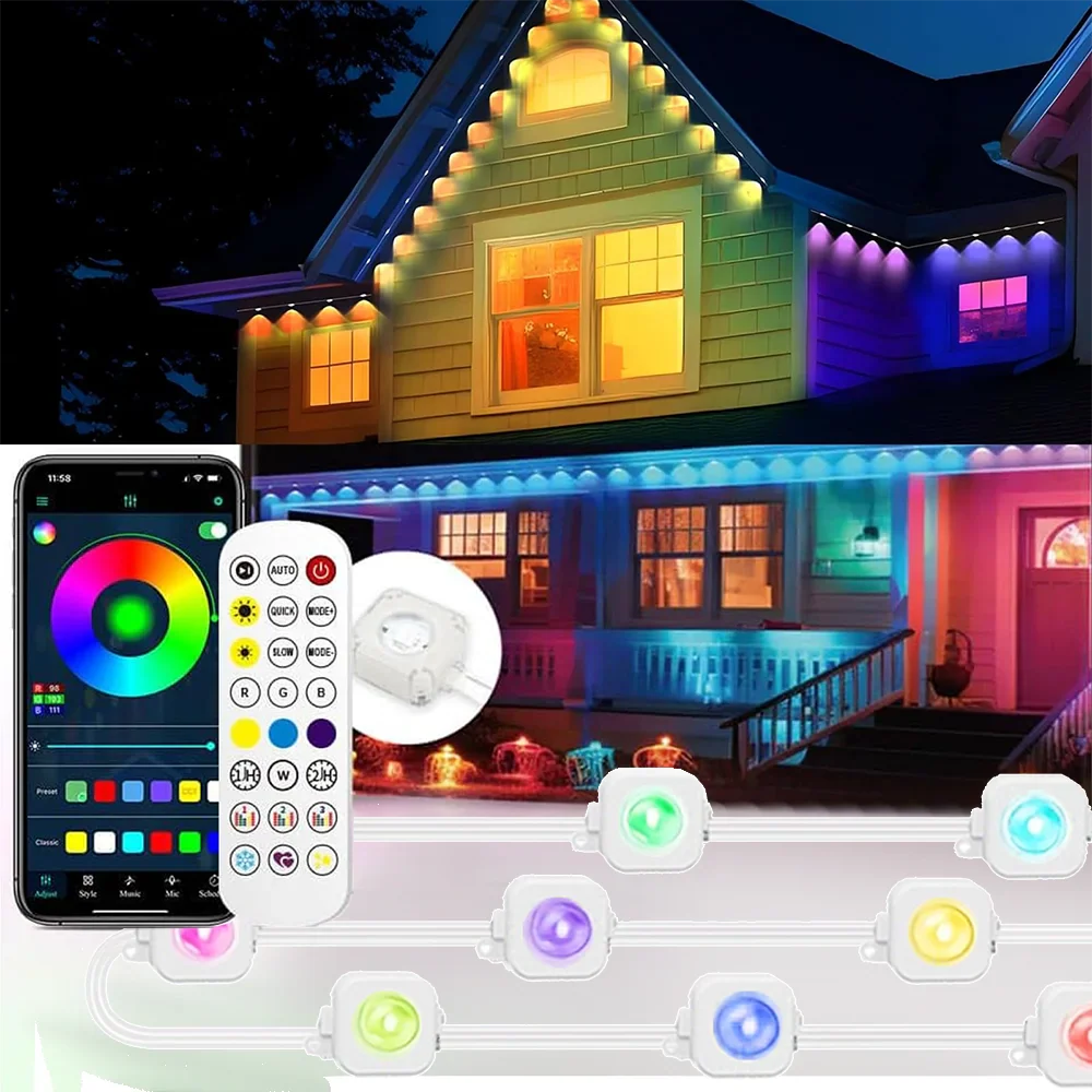 196FT/147FT/98FT/49FT RGB+IC Waterproof String Lights – Permanent Outdoor Smart Christmas & Holiday Decoration Lights