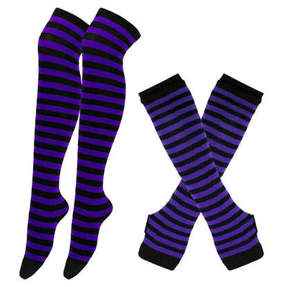 Women’s Over-Knee Long Stripe Socks & Arm Sleeve Gloves – Cute Plus Size Thigh High Cotton Socks