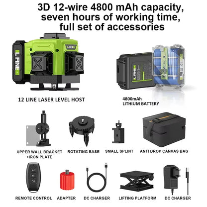 LFINE 3D/4D Laser Level — 12/16 Line Horizontal & Vertical Self-Leveling 360° Laser with Remote Control (8 Lines)
