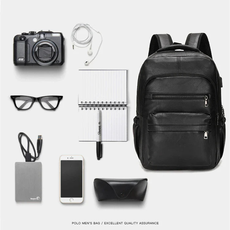High-Quality USB Charging Backpack for Men – PU Leather Laptop Backpack for Teenagers & Boys, Large Schoolbag