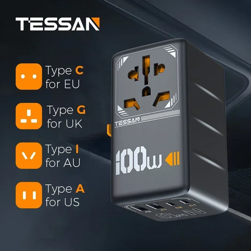 TESSAN 65W GaN International Travel Adapter – USB Type-C Universal Power Adapter with EU/UK/USA/AUS Plugs