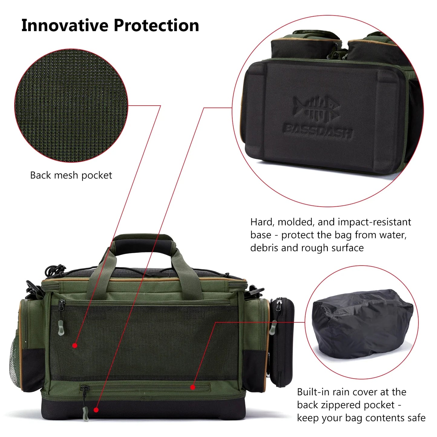 BASSDASH Fishing Tackle Shoulder Bag – Water-Resistant, Lightweight Gear Storage Pack with Hard Molded Bottom and Rain Cover