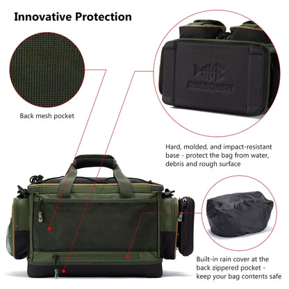 BASSDASH Fishing Tackle Shoulder Bag – Water-Resistant, Lightweight Gear Storage Pack with Hard Molded Bottom and Rain Cover