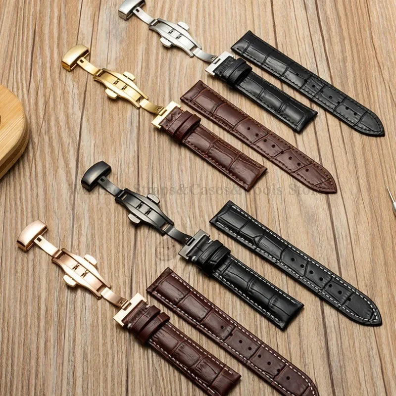Universal Genuine Leather Watch Band 12–24mm with Butterfly Clasp – Premium Strap for Men & Women (Gift Box Included)