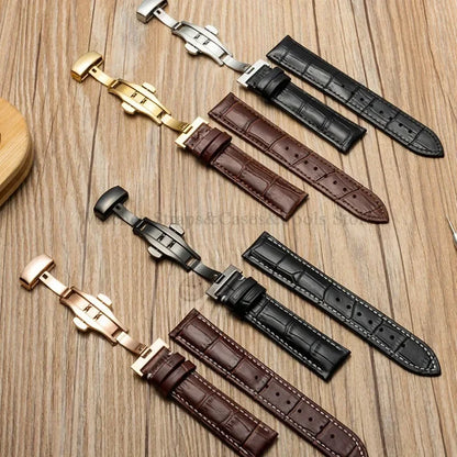 Universal Genuine Leather Watch Band 12–24mm with Butterfly Clasp – Premium Strap for Men & Women (Gift Box Included)