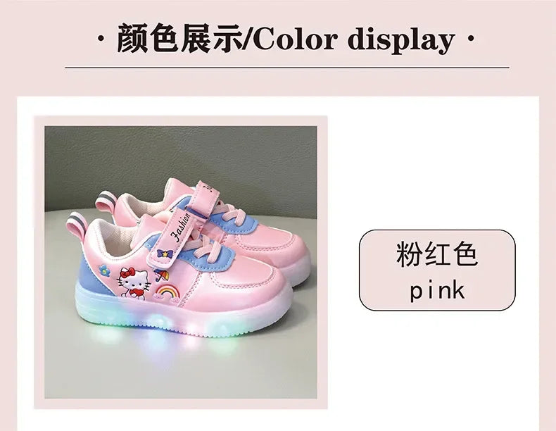LED Kids Shoes for Girls — Cute Hello Kitty Cartoon Canvas Sneakers, Soft-Bottom Casual Shoes, Baby Girl Kawaii Footwear