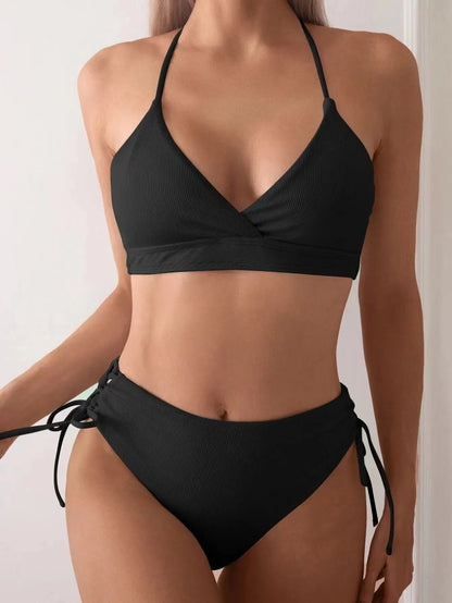 Cikini V-Neck Split Bikini Set – Sexy Lace-Up Triangular Solid Color Swimwear for Women