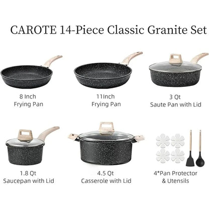 12 Piece Granite Non-Stick Cookware Set - Includes Frying Pan, Saucepan, Wok, and Oversized Casserole for Induction Cooking