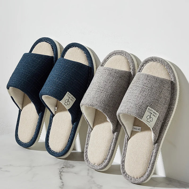 Home Linen Slippers for Men – Comfortable Open-Toed and Breathable for Spring and Autumn – Bedroom Slippers for Men and Women