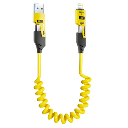 4-in-1 65W Spring Data Cable - 6A USB Type C Telescopic Quick Charger Wire for iPhone 15/14/13/12