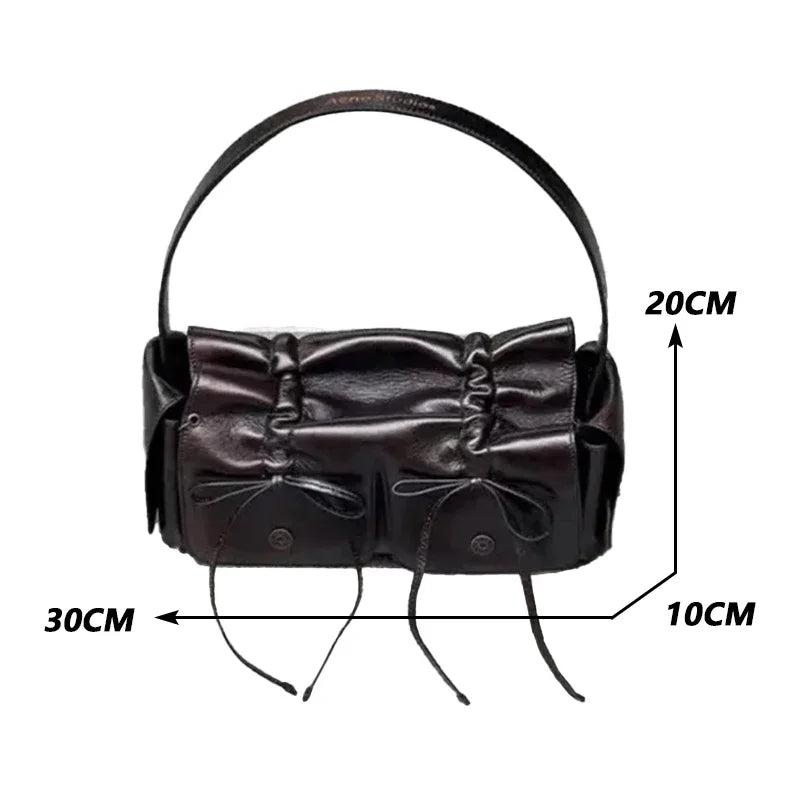 2024 Distressed PU Leather Rivet Bow Shoulder Bag – Pleated Underarm Luxury Handbag for Women