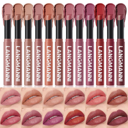 12-Color Matte Lipstick Pencil – Waterproof, Long-Lasting Non-Stick Lip Stain Tint Nude Makeup Pen