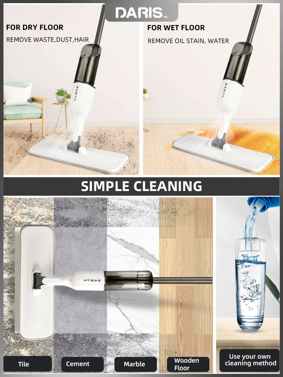 DARIS 360° Spray Flat Mop — Reusable Microfiber Pads with 500ML Large Capacity Square Triangle Bottle