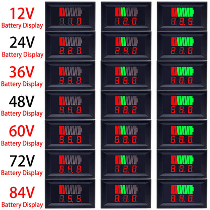 Car Battery Charge Level Indicator - 12V 24V 36V 48V 60V 72V Lithium Battery Capacity Meter, LED Tester and Voltmeter