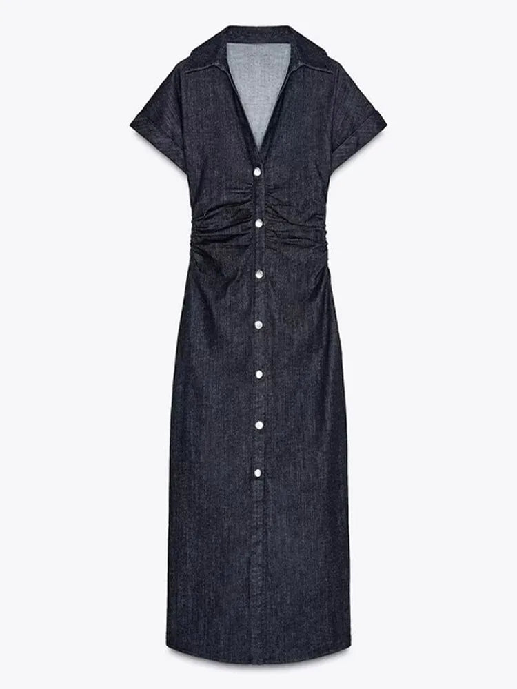 Elegant Pleated Denim Dress for Women – 2025 Chic Slim Fit Lapel Vestido with Short Sleeves & Single-Breasted Design