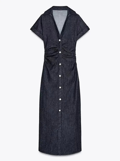 Elegant Pleated Denim Dress for Women – 2025 Chic Slim Fit Lapel Vestido with Short Sleeves & Single-Breasted Design