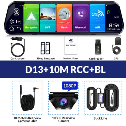 E-ACE 10'' 4G Android Dash Cam – FHD 1080P Dual Lens Rearview Mirror DVR with ADAS & Streaming