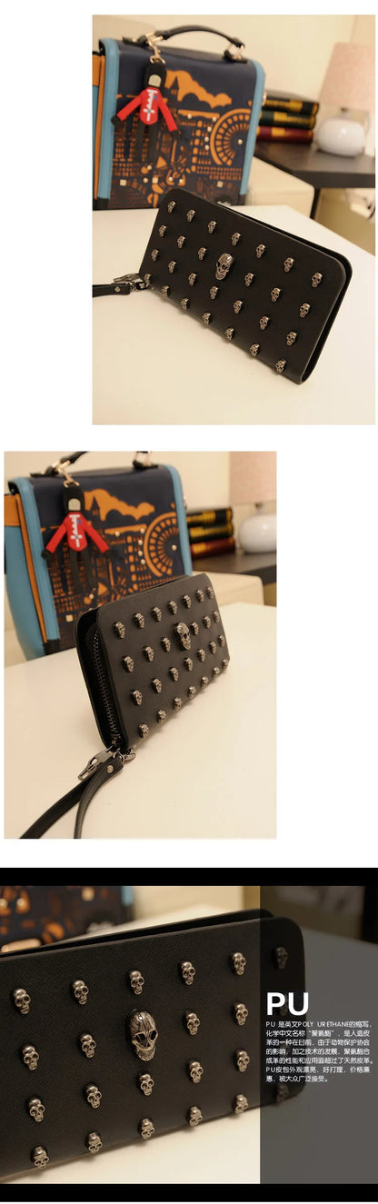 Women's Gothic Skull Head Long Wallet – Black Handheld Mobile Wallet with Wrist Strap & Card Clip