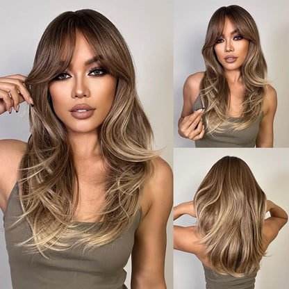 Long Straight Layered Blonde Wig with Platinum Highlights — Synthetic Hair with Bangs, Heat-Resistant for Women Daily & Cosplay