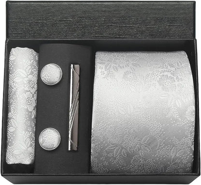 100% Silk Paisley Floral Necktie Set for Men - Premium Business Tie with Pocket Square Tie Clip Cufflinks Gift Box