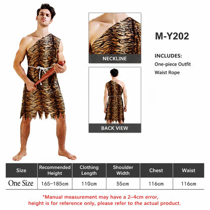 Unisex Caveman Costume - Tiger Print Prehistoric Halloween Party Cosplay Outfit