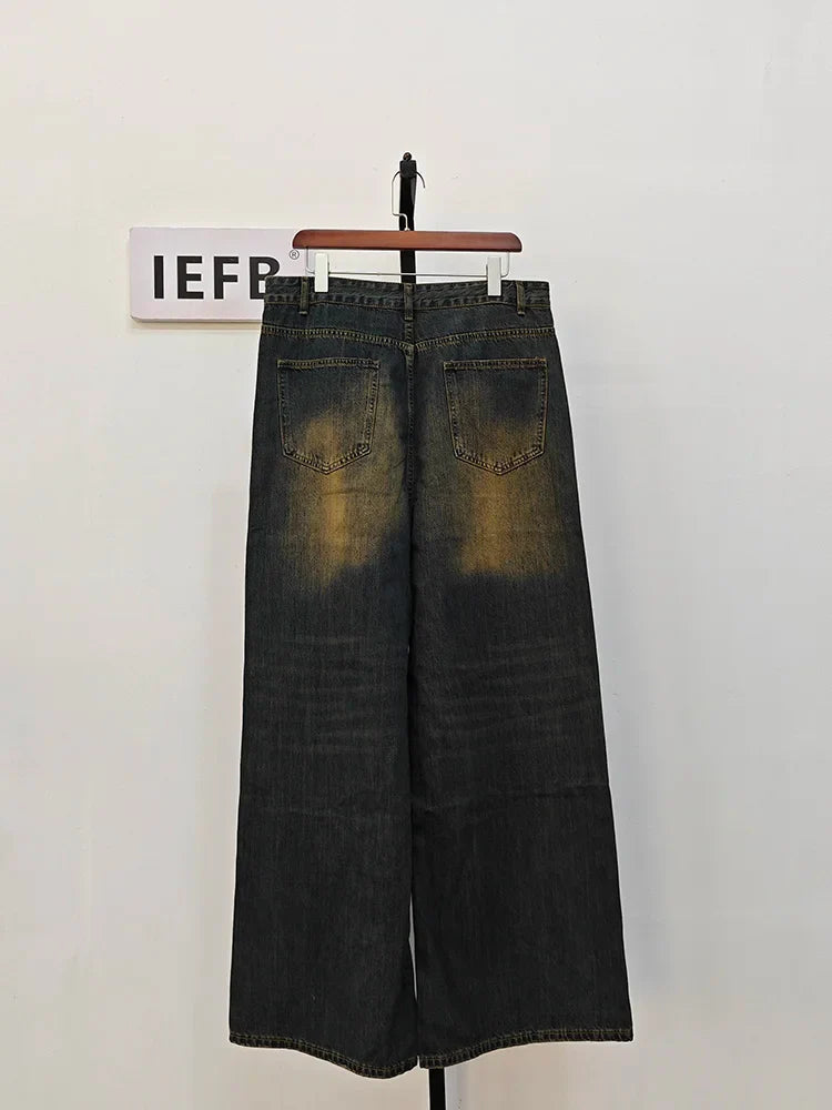 IEFB Men’s Summer Denim Jeans – Washed Blue Straight Loose Wide-Leg Casual Pants