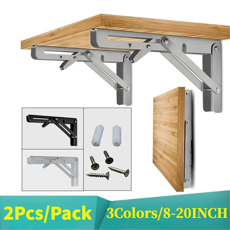 2pcs Heavy Duty Stainless Steel Folding Shelf Brackets | Collapsible Wall-Mounted L-Table Hinges for Bench & Table with Screws